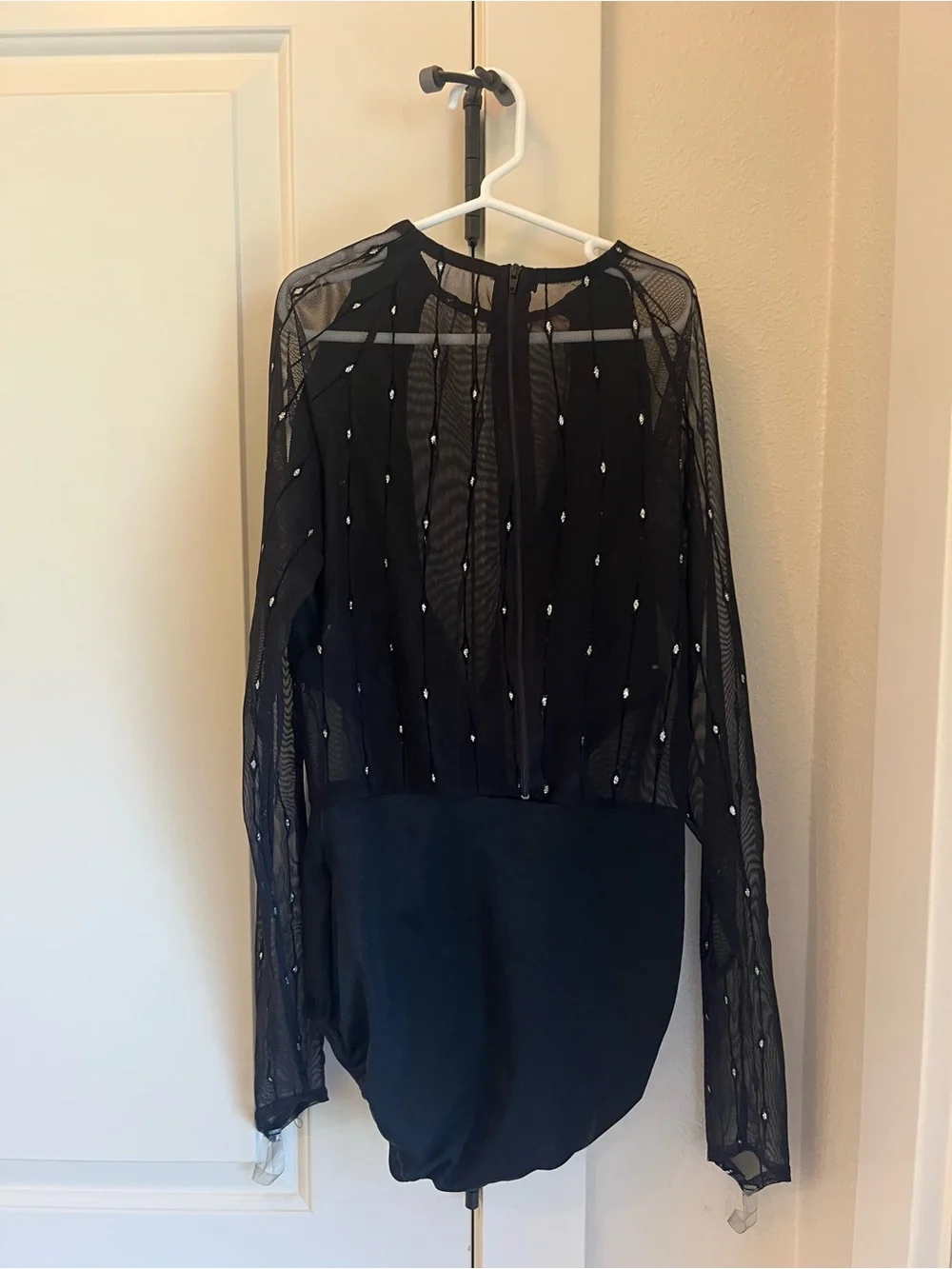 Sheer Mesh Long-Sleeve Bodysuit - Black with Fur Coat